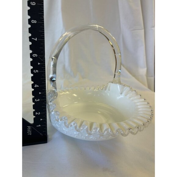 Vintage Fenton Milk Glass Silver Crest Ruffled Edge Basket Decorative Collectibl - Picture 2 of 2